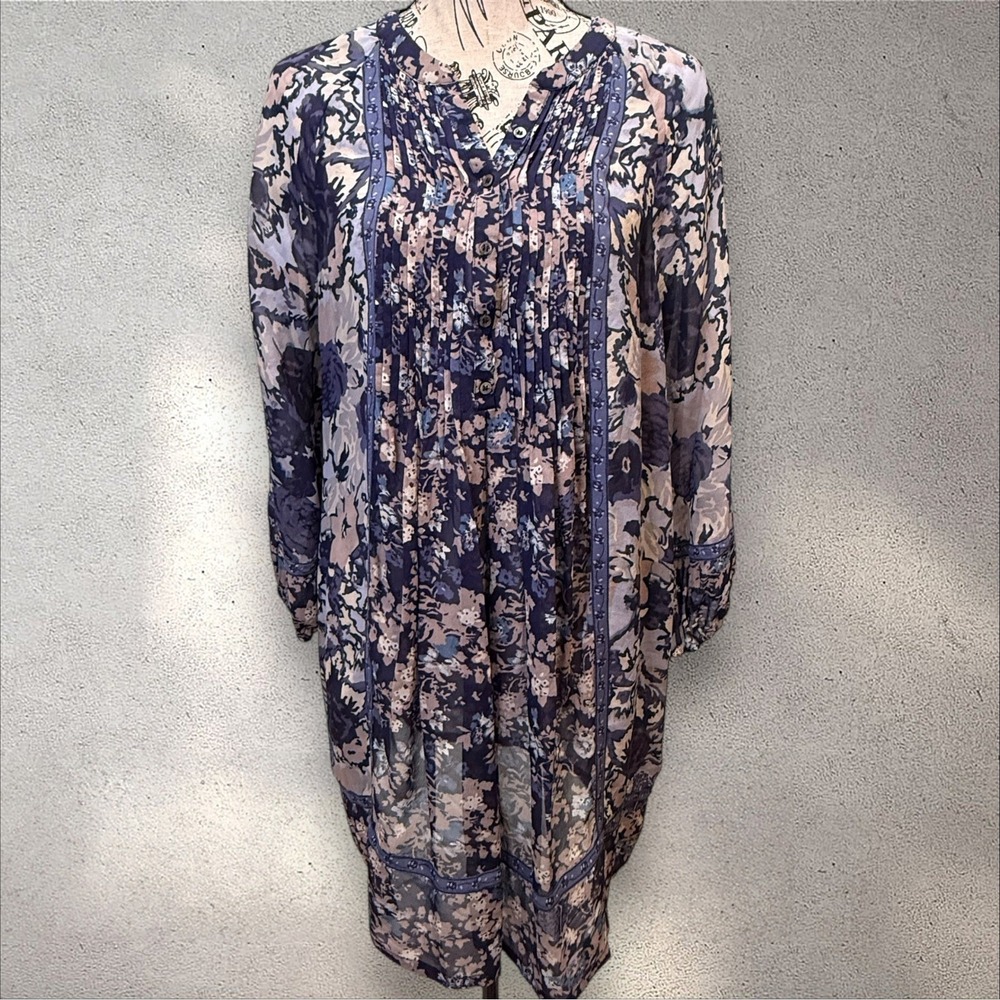 Joie‎ Sheer 100% Silk Floral Tunic Dress Blue Blush Pleated V-Neck Size M Boho